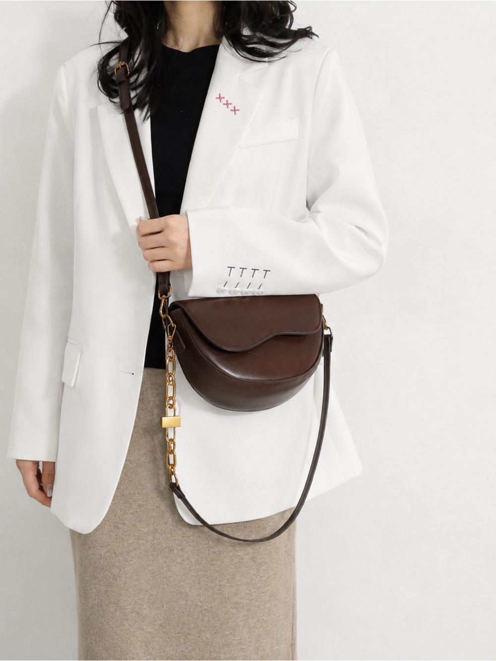 Curved Saddle Crossbody Bag in Dark Brown with Gold Chain Accent